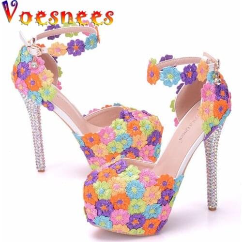 Wedding Bridal Shoes Sandals Colorful Lace Floral High Heels 14CM Beautiful Formal Dress Shoes Appliqued Dinner Party Prom Pumps