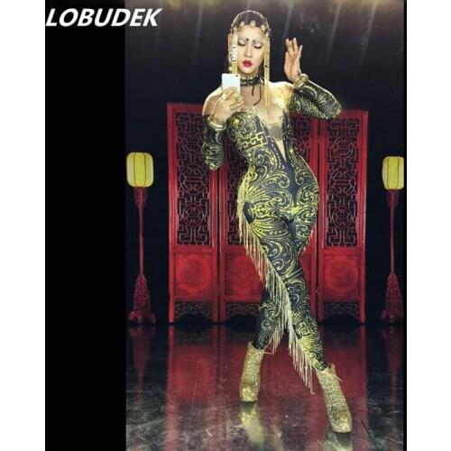 European style female jumpsuit sexy Tassels 3D printing Leotrad Stretch rompers Club Bar singer dancer show DJ DS costumes