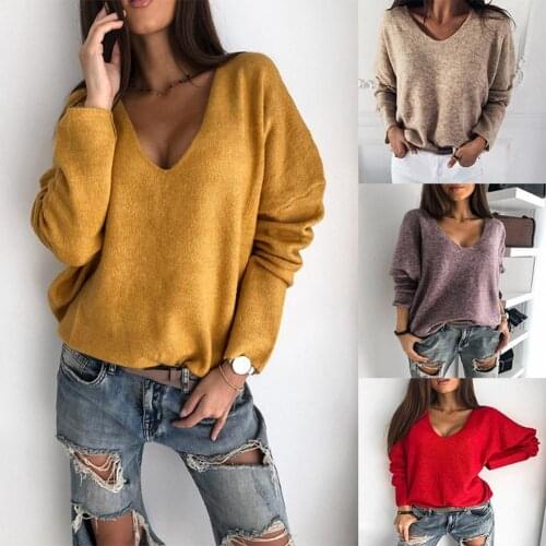 Women Autumn Loose Solid Color V Neck Long Sleeve Plush Pullover Sweater Top