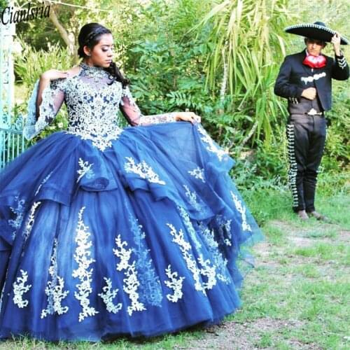 Vestido 15 anos Blue Quinceanera Dresses High Neck Lace Applique Sweet Sixteen Dress Tulle Long Sleeves Masquerade Gowns