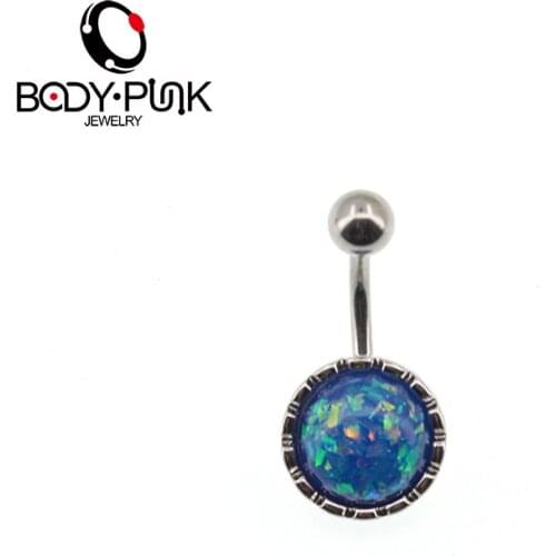 BODY PUNK 1pcs Stainless Steel Navel Piercing Jewelry Women Top Belly Rings Blue And Pink Opal Curve Belly Button Rings