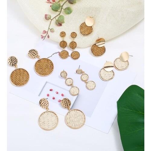 1Pair Handmade Wooden Straw Weave Geometric Long Allergy Free Drop Earring Bohemian Style Women Earrings Beautiful Seaside