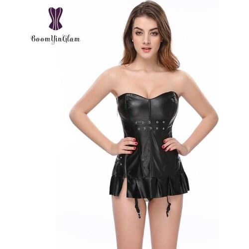 Free shipping wholesale price gold and silver metal gromment belt zip side decorated clubwear faux leather corsets dress 9002