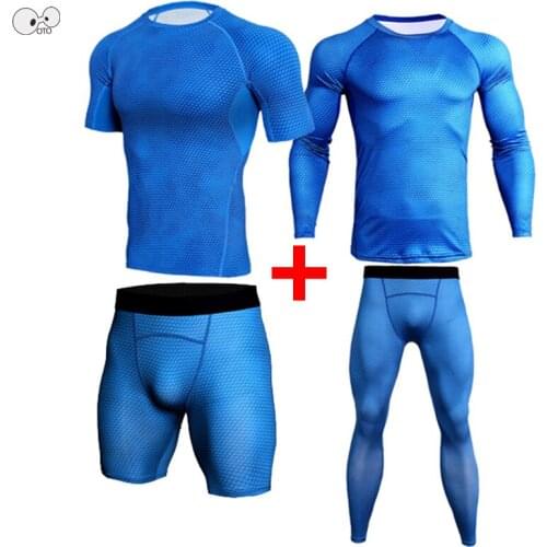 4pcs Short/Long Sleeve Shirt+Shorts/Pants Sport Suit Men Dry Fit Compression Running Set Fitness Gym Tight Sportswear Rashguard