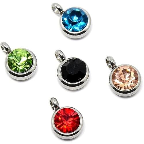 50pcs Trendy Original Color 304 Stainless Steel Grade A Rhinestone Flat Round Charm Pendants, Faceted, Mixed Color, 9x6.5x4mm