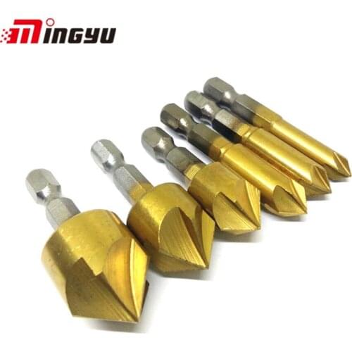 6pcs 1/4 inch Shank 5 Flute Chamfer Countersink Drill Bit High Carbon Steel 6 8 9 12 16 19 mm 90 Degree Wood Chamfering Cutter