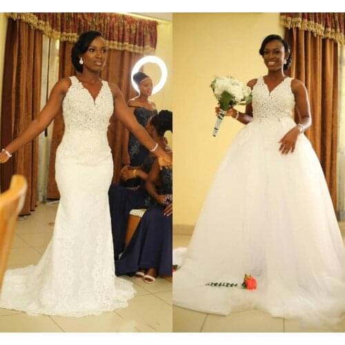 African White Mermaid Wedding Dresses With Detachable Train See Through Appliques Black Girl Country Plus Size Bridal Gowns
