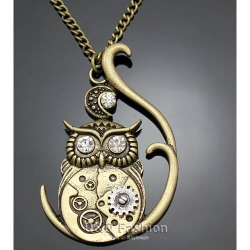 Victorian Athena Owl Hedwig Moon Watch Clock Hand Gear Cog Steampunk Necklace Jewelry New