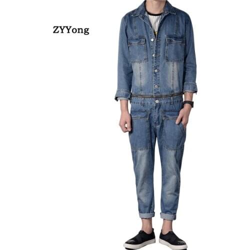 Men Denim Jumpsuit Overalls Blue Lapel Long-Sleeved Removable Waist Jacket Streetwear Straight Jeans Cargo Pants Casual Trousers