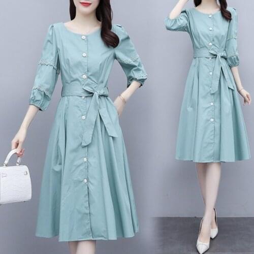 Elegant Dress Women Plus Size Mid-Length Spring Summer 3/4 Sleeve Fashion O-Neck Vestidos Temperament Dresses Female 3XL H1372