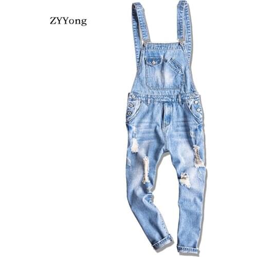 Hip Hop Fashion Mens Ripped Jeans Jumpsuits Hi Street Distressed Denim Bib Overalls For Man Suspender Ankle Length Pants 5XL