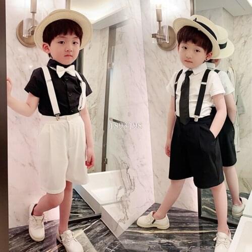 Childrens 4pcs Short Sleeve Clothing Set Boys Summer Short-sleeved Shirt Shorts Strap Tie Outfit Kids Handsome Party Costume