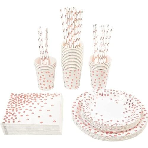 Tableware Rose Gold Party Supplies Disposable Cutlery Dinnerware Set Paper Plates Napkins Cups for Graduation Birthday Wedding