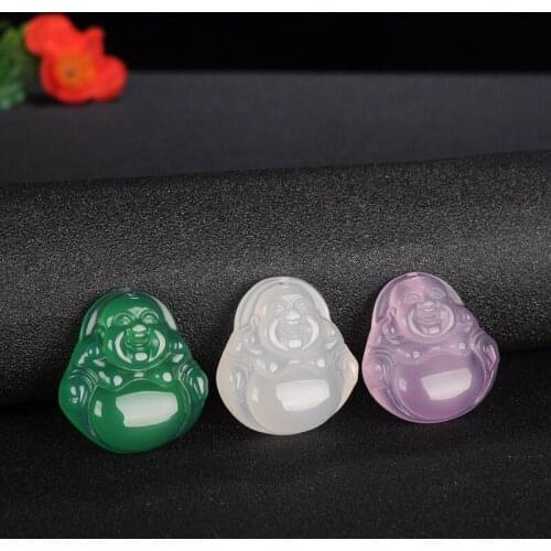 Natural Agate Chalcedony Buddha Pendant Necklace Jewellery Fashion Accessories Hand-Carved Luck Amulet Gifts Sweater Chain