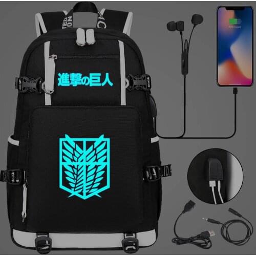 New Luminous Attack On Titan Prints Boys Girls Kids School bag Women USB Laptop Backpack Canvas Men Bagpack Packsack Bookbag
