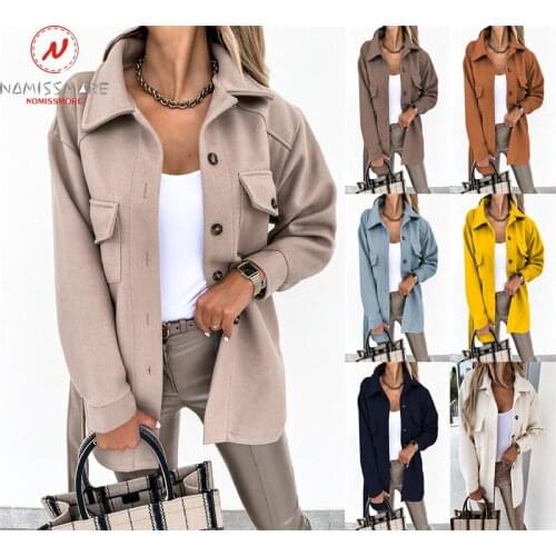 Women Solid Color Woolen Coat Single-Breasted Design Bandage Decor Turn-down Collar Long Sleeve Casual Loose Cardigan Jackets