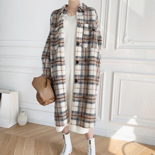 Coat Female Winter Woolen 2021 New Checkered Shirt Collar Loose Long Wool Fabric Lapel Single-Breasted Fashion Women Jacket Y68