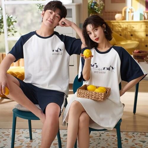 Couple Pajamas Set Summer Thin Cool Lover Sleepwear Casual Cartoon Print Patchwork Nightwear Men Women Short Sleeve Home Wear