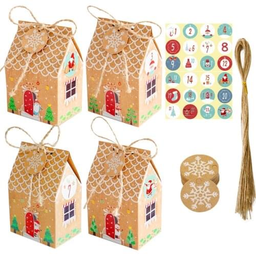 24sets Kraft Paper House Shape Gift Boxes Christmas Advent Calendar Paper Box Xmas Tree Pendant Party Decorations Favor Box