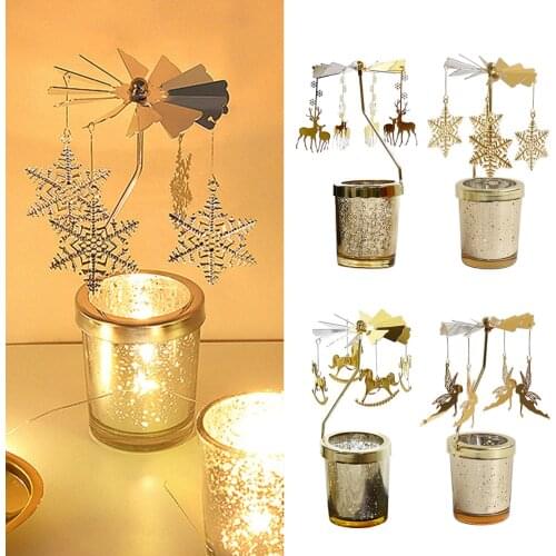 1pc Rotary Spinning Tealight Candle Romantic Metal Tea Light Holder Carousel Christmas Theme Tea Light Holder Christmas Gift