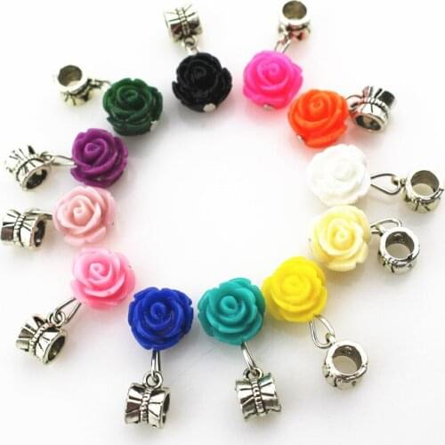 60pcs/lot Mix 12 color rose flower hanging charm big hole pendant beads fit bracelet diy jewelry accessories dangle charms