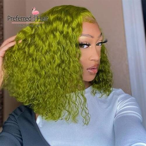 Preferred Short Curly Wig Green Transparent Lace Wig Pre Plucked Brazilian Remy Lace Front Human Hair Wigs For Black Women