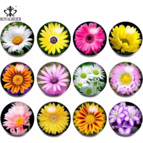 RoyalBeier 12pcs Beautiful Chrysanthemum Theme Glass Charms Snap Button Jewelry 18mm For 20mm Snaps Bracelet Snap Jewelry KZ0825