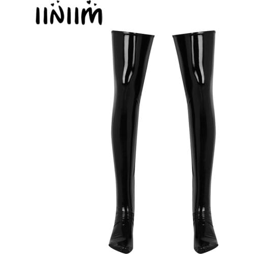 Sexy Stockings Mens Latex Long Sock Anti-Skid Soft Wetlook PVC Leather Thigh High Footed Stockings Hot Club Wear Exotic Lingerie