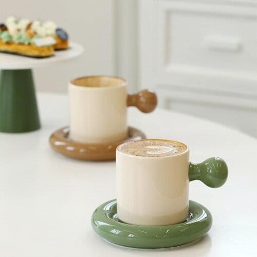 Small ball handle Mug retro color matching coffee cup with saucer ceramic cup dark green couple water cup