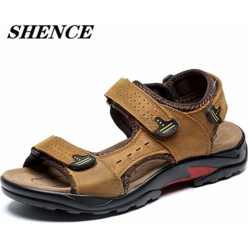 SHENCE Summer Leisure Beach Sandals Top Layer Cowhide Upper Rubber Soft Sole Comfortable Mens Sandals Hiking Shoes 6-12.5 Inch