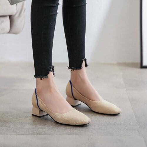 2021 Square Toe Pumps Woven Mesh Women Shoes Low Heel Shallow Mouth Slip-On Comfortable Casual Shoes For Women