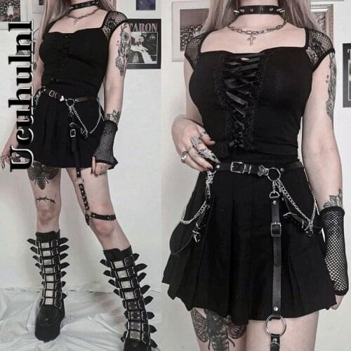 Ucuhulnl Vintage Tops Goth T-shirt Women Bodycon Bandage Lace Black T-shirts Gothic Streetwear Sexy Female Top Casual Mesh Tee