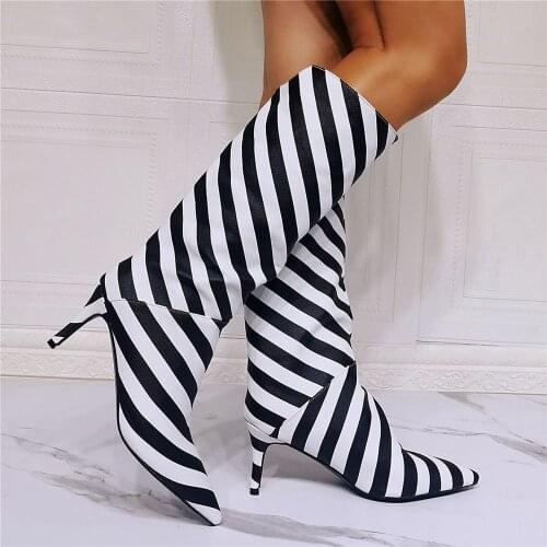 Real Photo Botas Women Stripe Zebra Leather Knee High Slim Fit Long Boots 7.5cm Heels Pointed Toe Plus Size 43 45 47 Dropship
