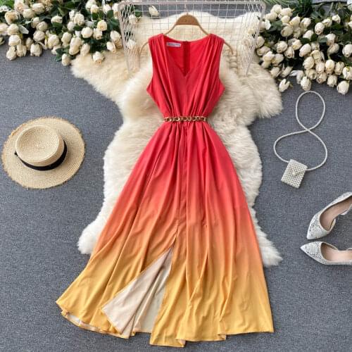 Fashion Summer Sundress 2021 New Sleeveless Gradient Color Long Maxi Dress for Women Front Split Party Dress With Chain Belt