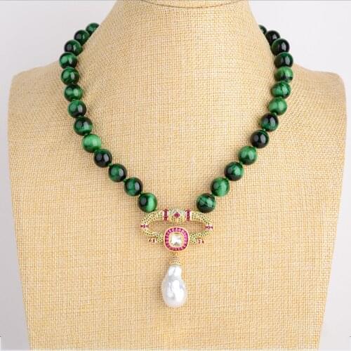 Womens 18" 12mm Green Tiger Eye Necklace White Keshi Pearl Cz Pendant