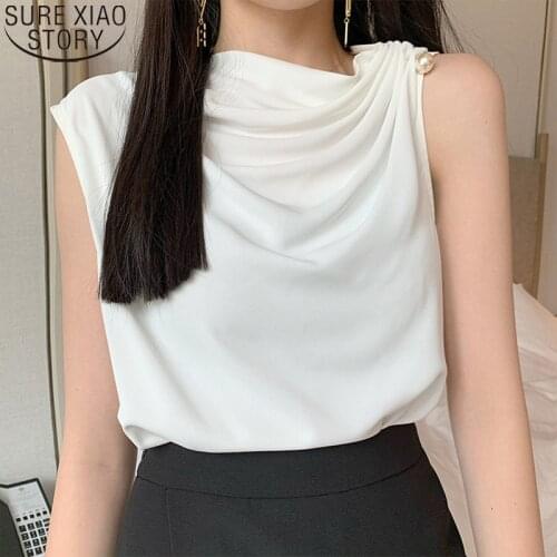 Beading Blouse 2021 New Summer Blouse Women Sleeveless Shirts Hong Kong Style Chiffon Spring Bottoming Tops French Blusas 13036