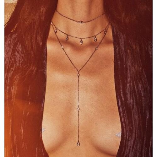 Elegant fashion jewelry gold color layer chain three layer women ladies long chain cz drop link chain choker Y charm necklace