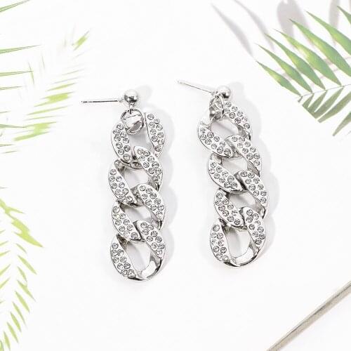 Korea Bling Rhinestone Cuba Bright Gold Color Exaggerated Metal Chain Drop Earring Retro Punk Chain Earrings Vintage Jewelry
