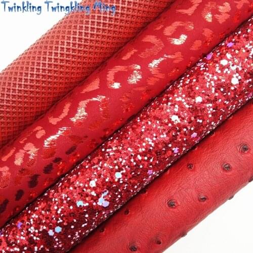 RED Glitter Fabric, Ostrich Synthetic Leather, Leopard Faux Fabric Sheets For Bow A4 21x29CM Twinkling Ming XM023G