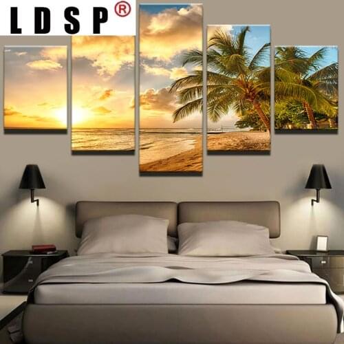 LDSP Modern Wall Art Pictures Posters 5 Panel Palm Trees Sea Sunset Landscape Frame Living Room Home Decoration Printed Painting