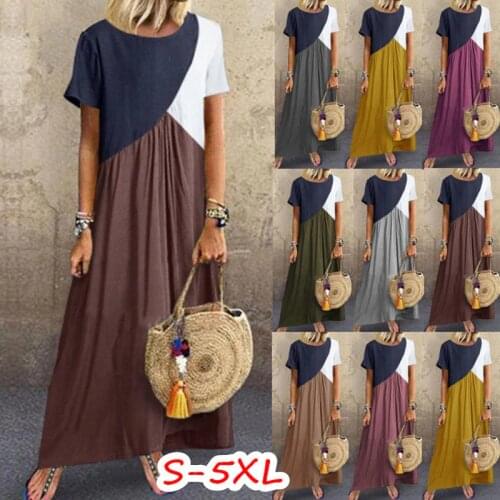 Summer Womens Loose Vintage Patchwork Midi Long Dress 2021 Fashion Casual O Neck Short Sleeve Lady Beach Maxi Dresses Plus Size