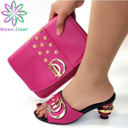 2021 Summer New Design Shoes and Bag Set in FuchsiaColor Italian Women Shoes Matchi Bag in Heels with Shinning Crystal for Party