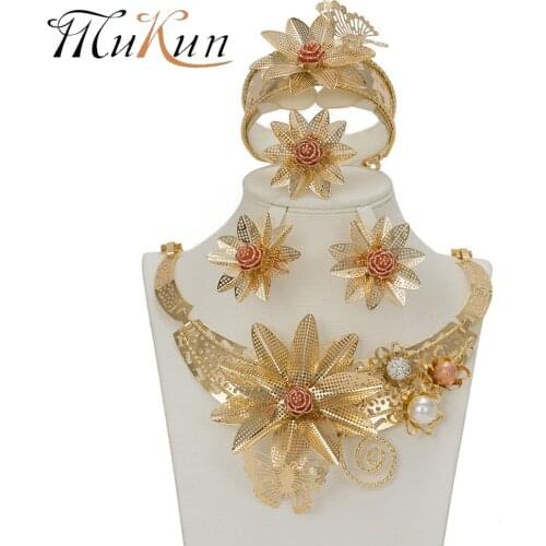 MUKUN Fashion Flower Gold Color Jewelry Set African Beads Vintage Women Wedding Statement Big Necklace Bracelet Earrings Ring