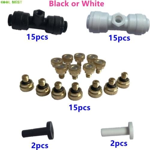 H59 Mist Nozzles for 3Bar Work Pressure Brass Nozzles 15pcs Plus Slip Lock Quick Fittings 15pcs and Plugs 2pcs for Patio Misting