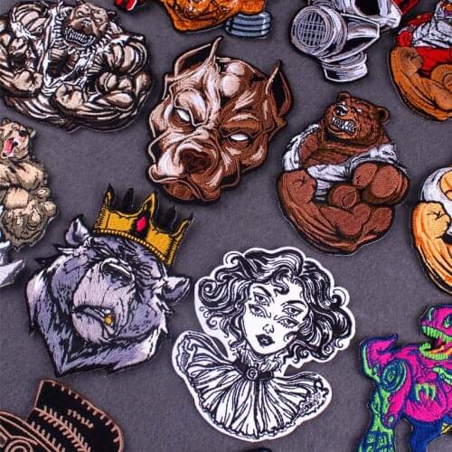 Punk Patch Bear /Dog Embroidery Patches For Clothing Thermo Adhesive Patches Animals Badges Stickers Stripes For Jacket Applique