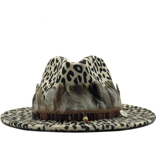 2019 new Trend Unisex Flat Brim Wool Felt Jazz Fedora Hats Men Women Leopard Grain feather Band Decor Trilby Panama Formal Hats