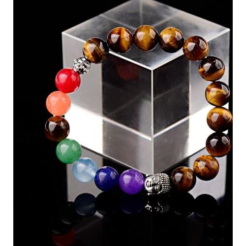 New Silver Color Buddha Tiger Eye Stone Beads Bracelet Men Bileklik 7 Chakra Women Yoga Prayer Jewelry Pulsera Hombre AB223