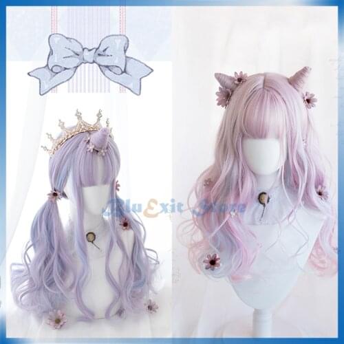 Gradual Pink Purple Blue Lolita Wig Horns Cosplay Harajuku Sweet Cute Long Curly Wave Synthetic Hair Adult Girls Headwear