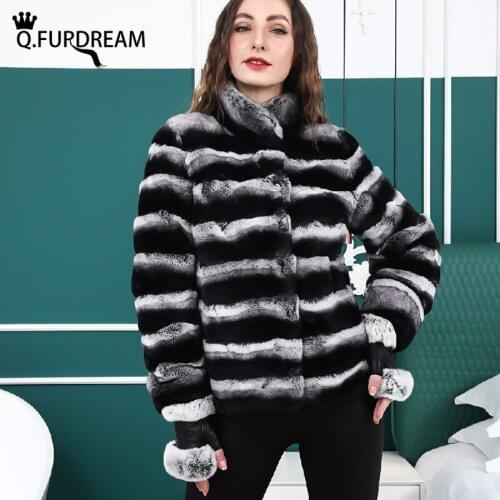 Q.FURDREAM 2020 Hot Women Rex Rabbit Fur Jacket High Quality Winter Fashion Warm Rabbit Fur Chinchilla Color Thick Outerwear