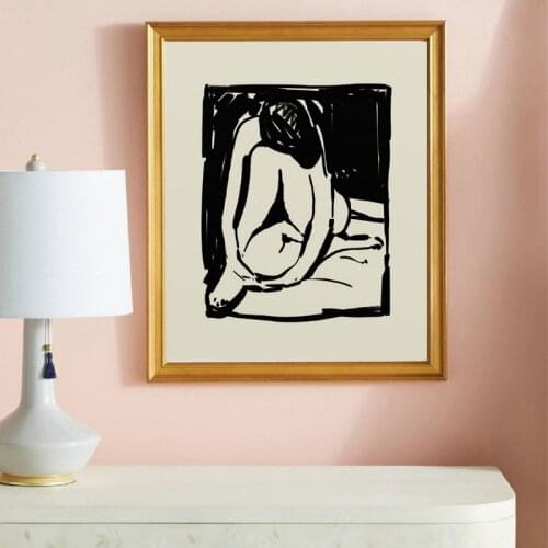 Hand Painted Abstract Ink Nude Girl Painting on Canvas Woman Painting Black and Home Wall Decor White Modern Minimalist Poster